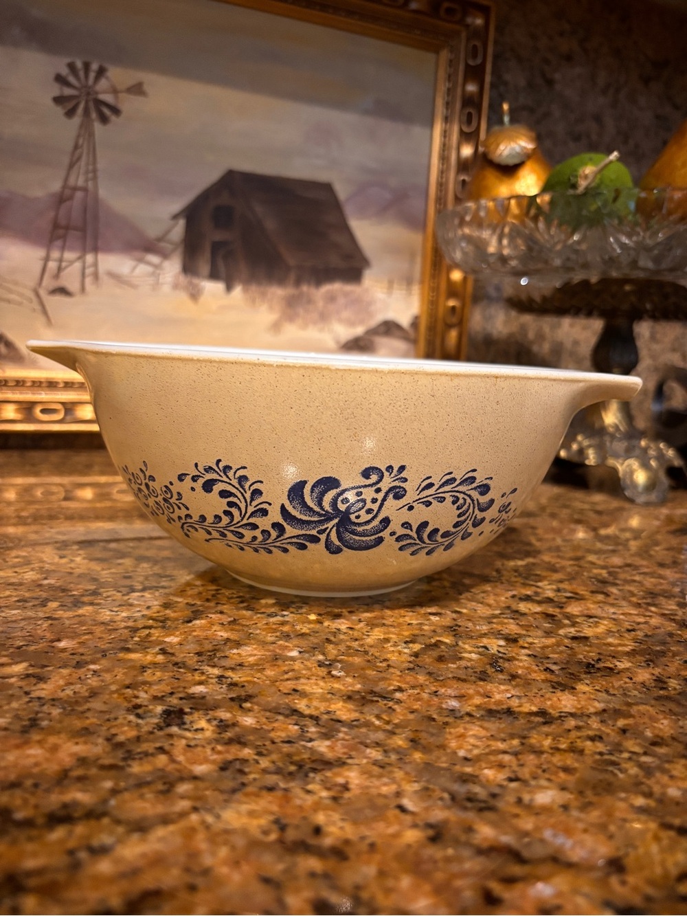 Pyrex Cream Mixing Bowl with Blue Floral Scroll